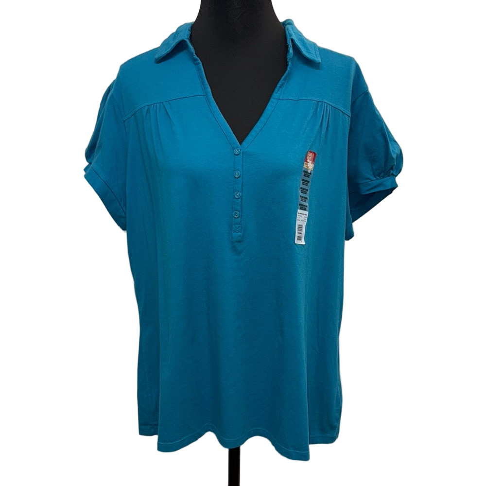 Faded Glory Blue Polo Collar Blouse with Cuffed Sleeves. Casual Comfy